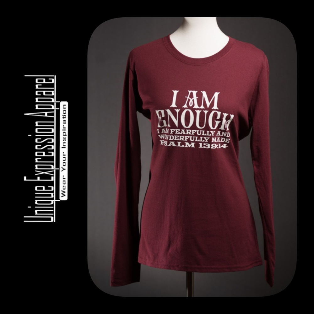 "I Am Enough" casual lng slv burgundy tee